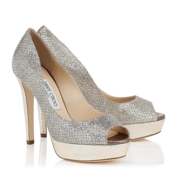 Jimmy Choo Shoes - Jimmy Choo Metallic Champagne Glitter Fabric Dahlia Platform Peep Toe Pumps 8/38